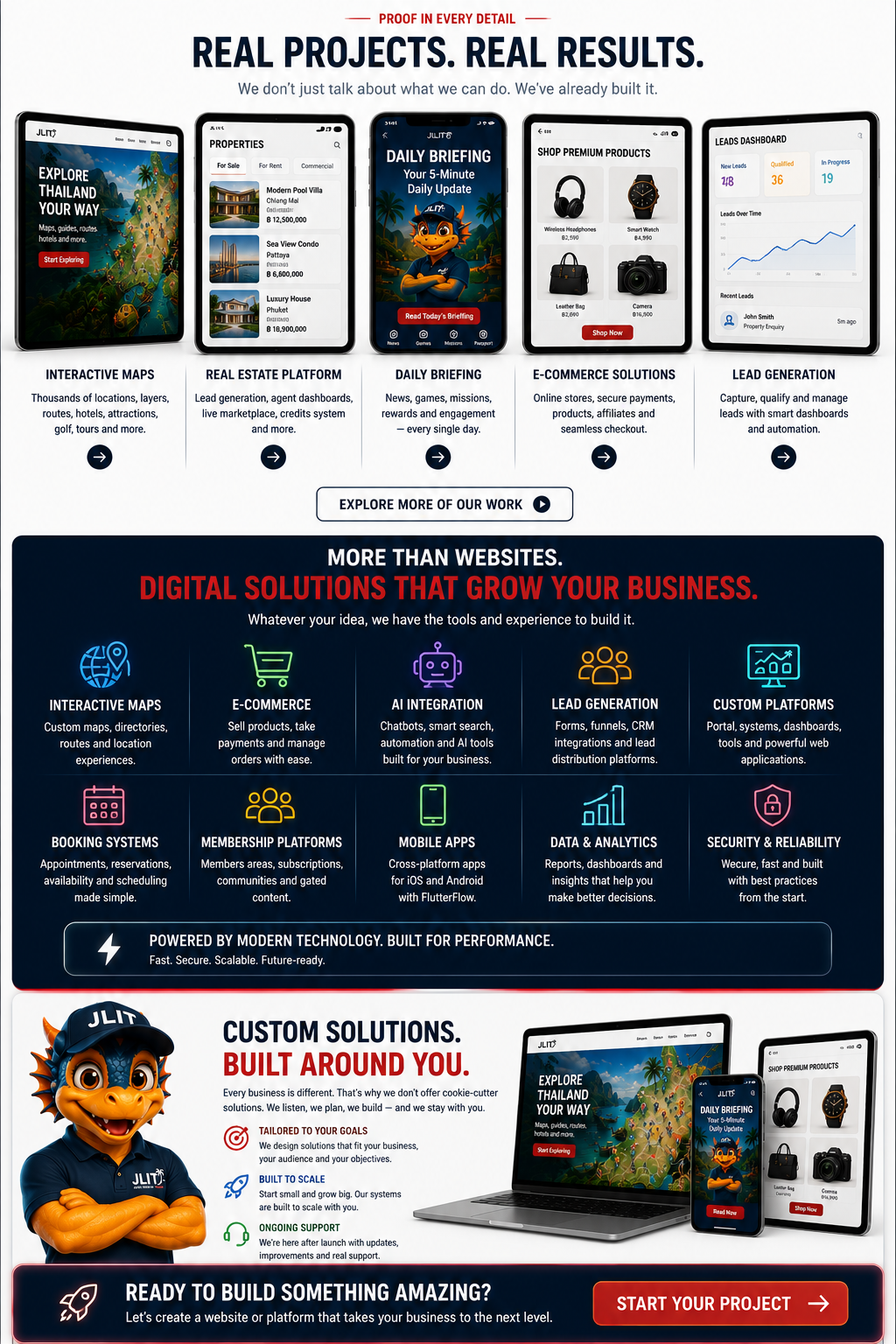 Examples of JLIT interactive maps, real estate, daily briefing, e-commerce, lead generation and custom digital solutions