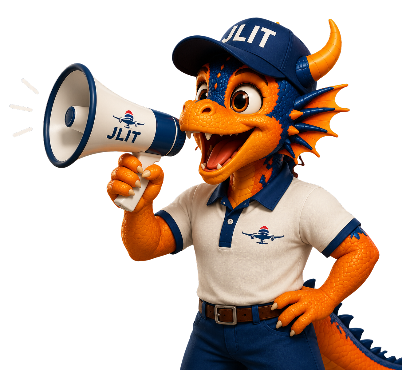 JLIT dragon mascot with a megaphone